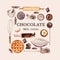 Chocolate watercolorÂ ingredients, making chocolate bakery, leaves cocoa, butter , illustration design